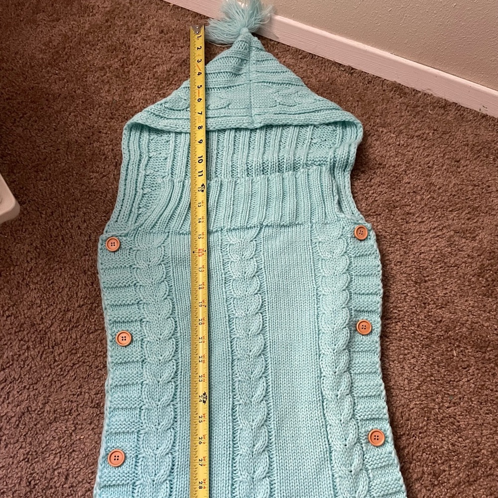 Blue knit blanket sack with hood